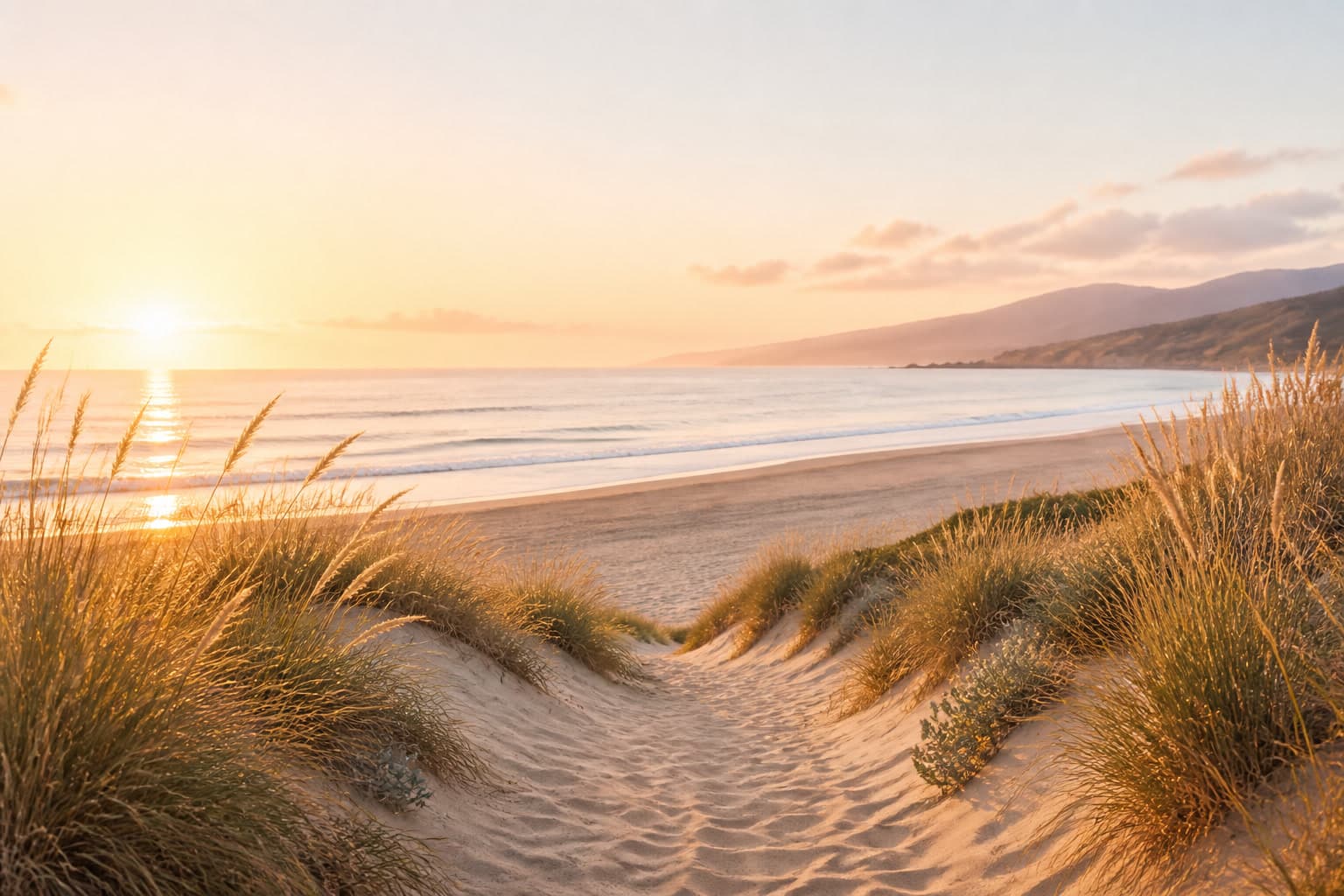 Coastal sand dunes and sea grass leading to the ocean at dusk