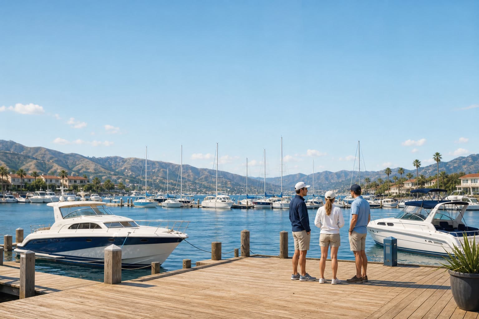 People standing on a wooden marina dock with yachts and foothills beyond